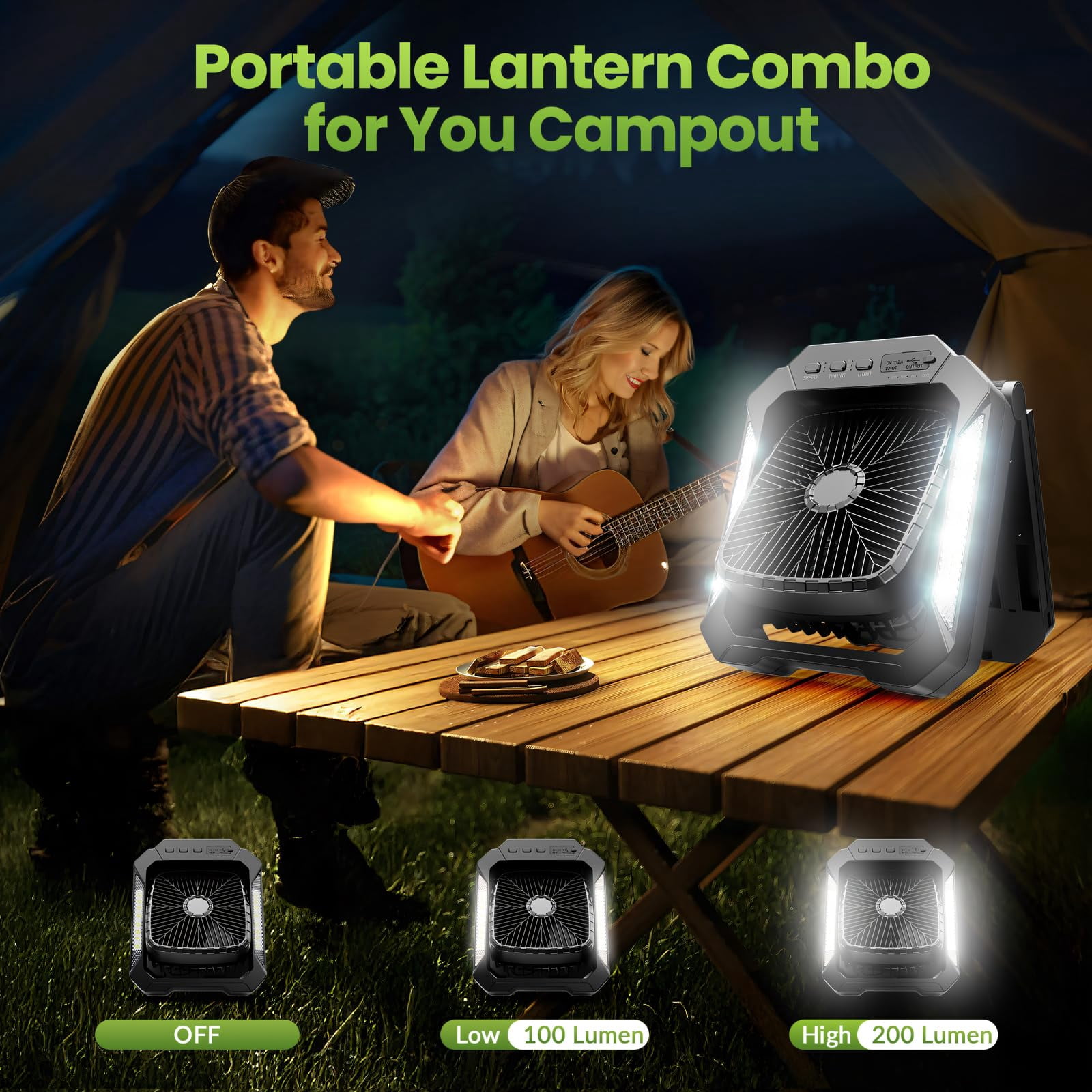 Veubew Camping Fan with LED Lantern, 26800mAh Portable Rechargeable Outdoor Fan with 18W Detachable Solar Panel, Battery Powered Desk Fan for Travel, Hiking, Fishing, Picnic, Black