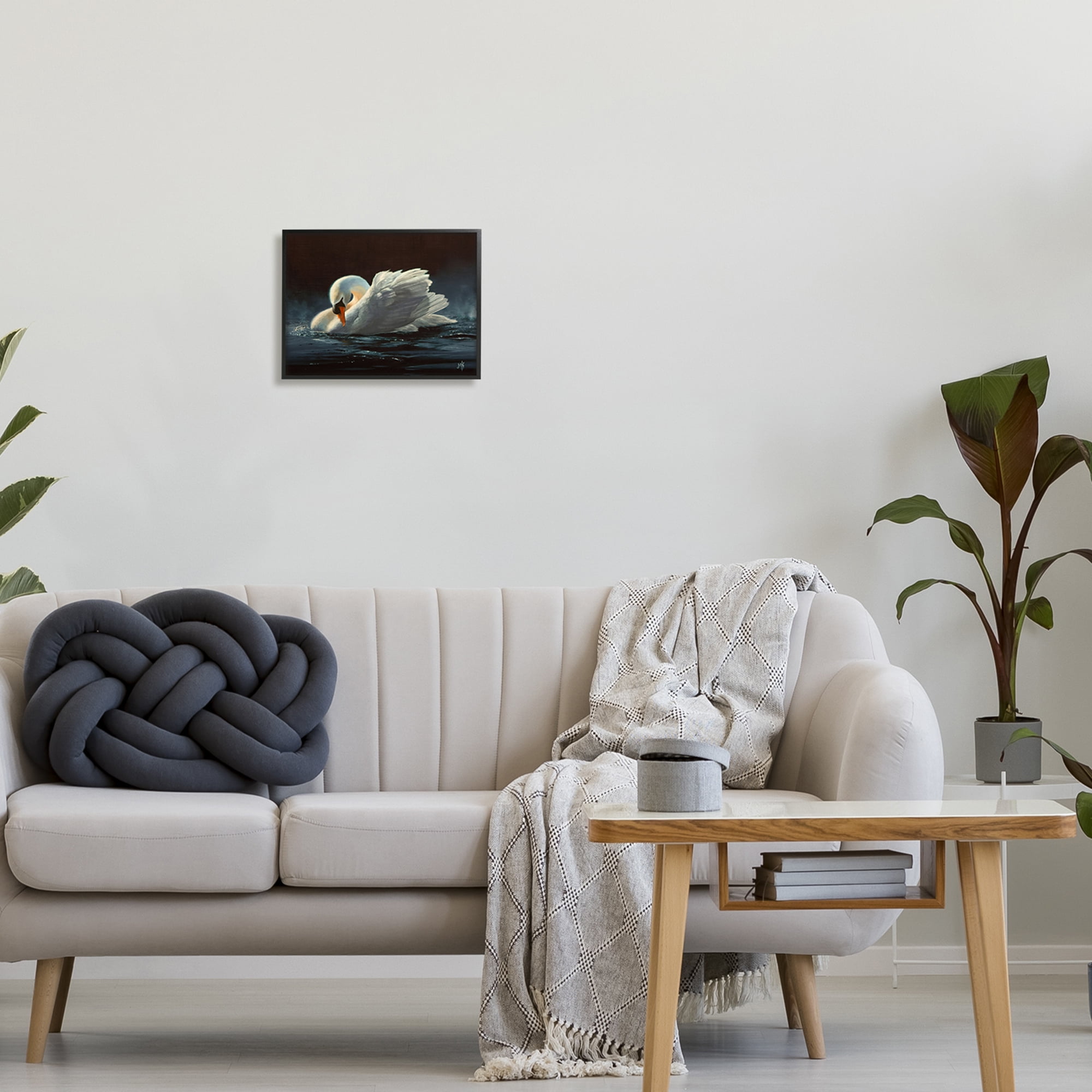 Stupell Industries Moonlit Swan Painting Animals & Insects Painting Black Framed Art Print Wall Art, 14 x 11