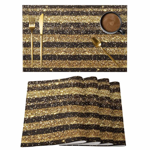 Yellow Gold Glitter Black Stripes Placemats Set of 6,Wipeable Washable Table Mats for Dining Tables, Vertical Lines Place Mats for Kitchen Event Party Tabletop Decor