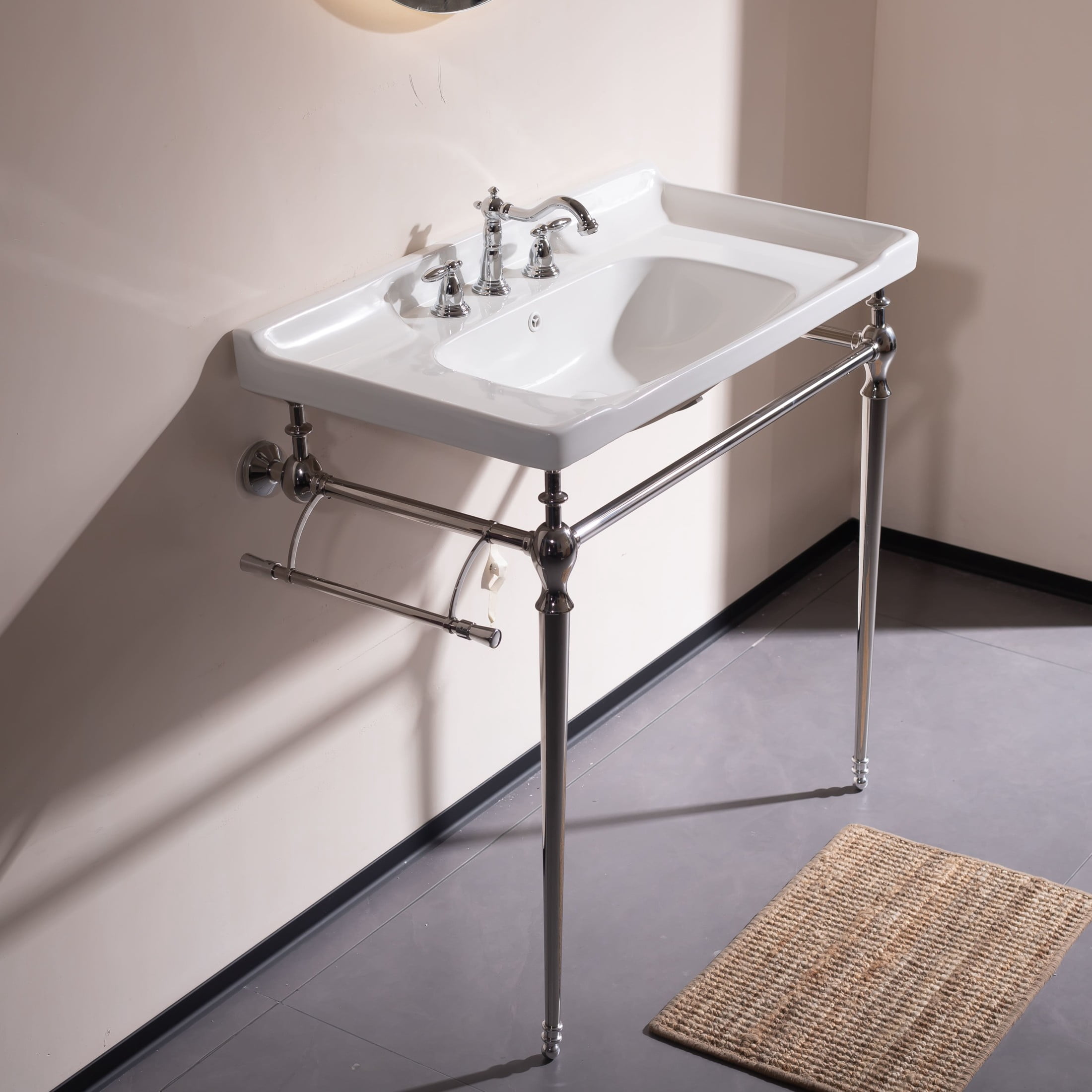 Noble House VICI 36" Bathroom Console Sink, Wall-Mounted Ceramic Basin Vanity with Stainless Steel Legs, White & Chrome
