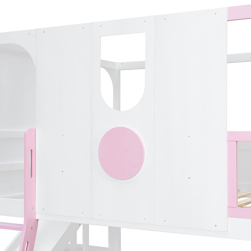 Full Size Versatile Kids Loft/Bunk Bed with Floor Bed, House Bed Frame with Slide, Storage Shelves and Guardrails