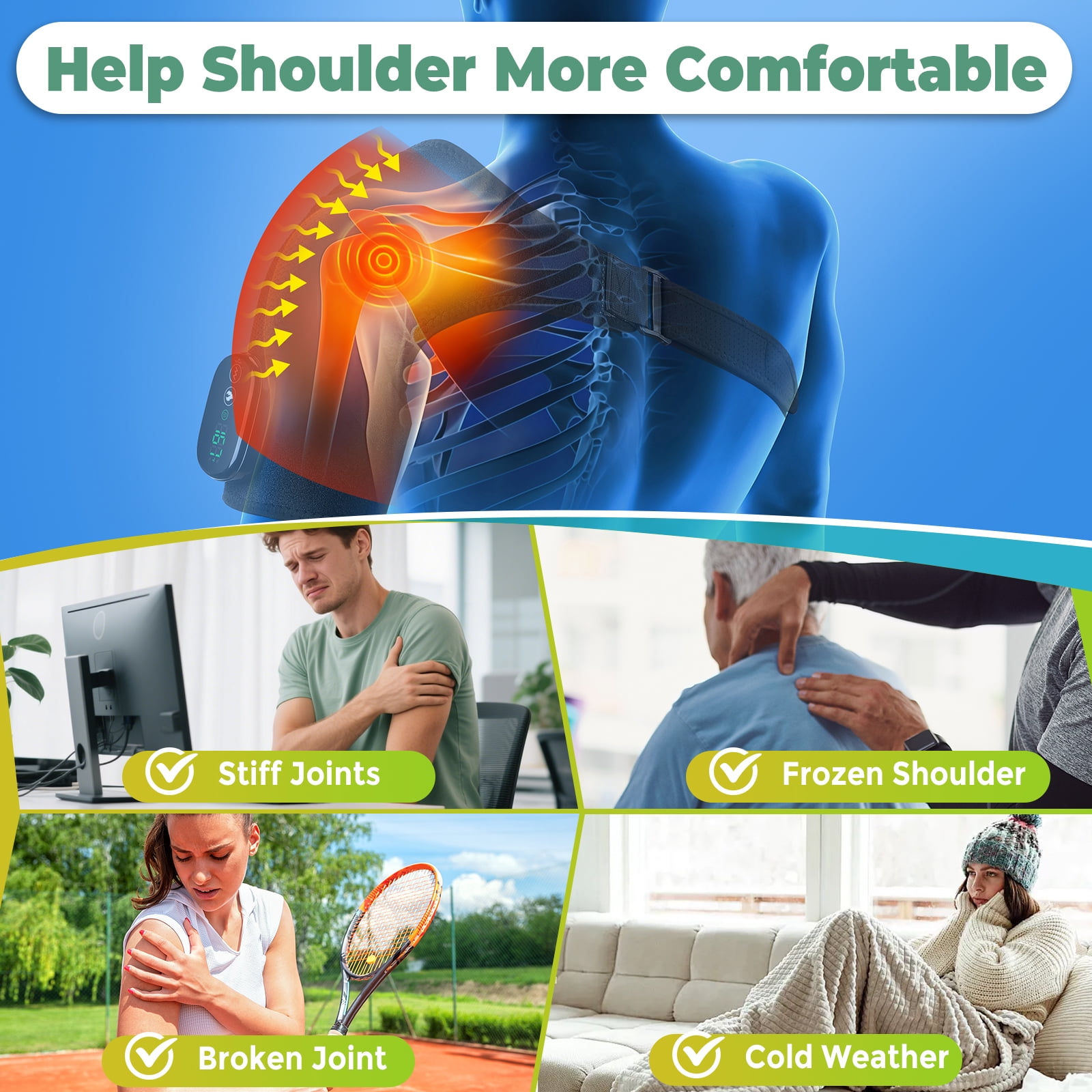 Shoulder Heating Pad, Cordless Heated Shoulder Brace with Vibration and Heat for Rotator Cuff Relief, Adjustable Heated Shoulder Massager, Gifts for Women Men