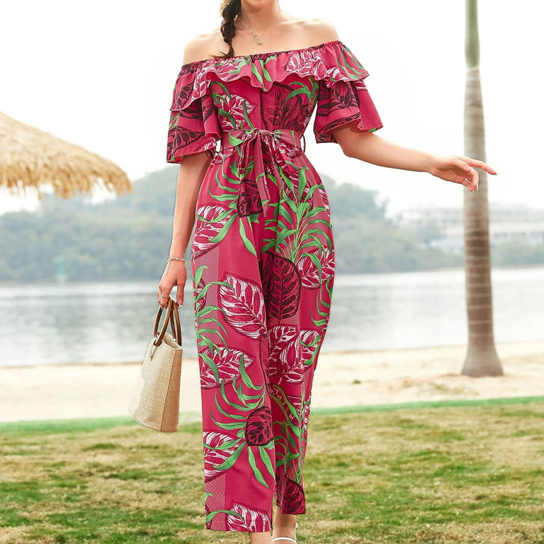 Off Shoulder Jumpsuits for Womens Casual Rompers Boho Holiday Chiffon Beach  Jumpsuit Wide Leg Cropped Palazzo Outfits