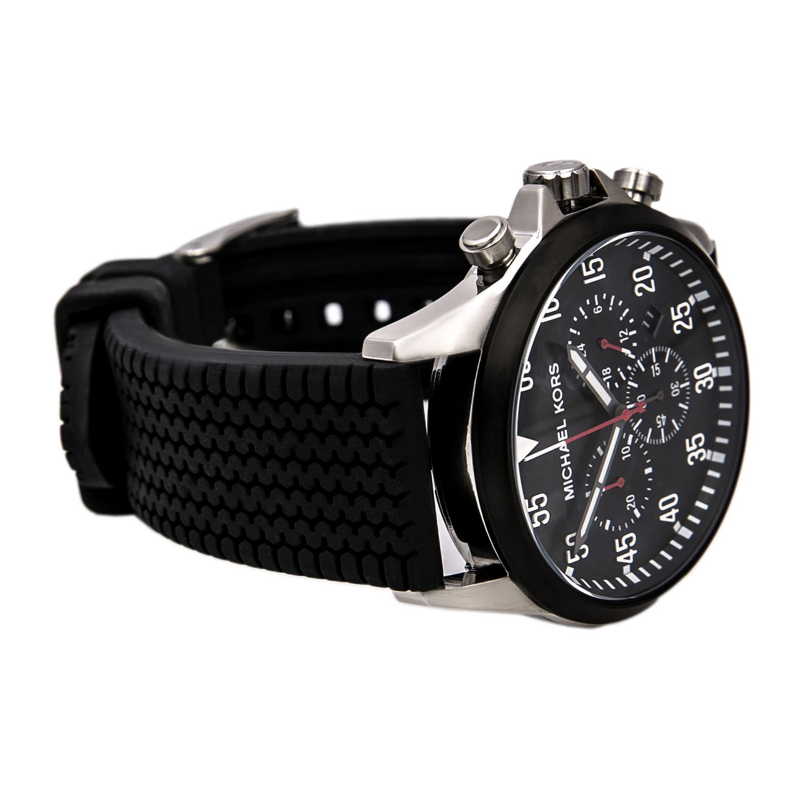 Michael Kors Men s MK8334 Black Dial Black Tire Tread Gage Strap Chronograph Watch