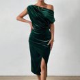 thumbnail image 2 of Jinhomg Velvet Dress for Women Elegant off The Shoulder Ruched Velvet Dresses Irregular formal Cocktail Dress Evening Party Midi Dresses Green L, 2 of 10