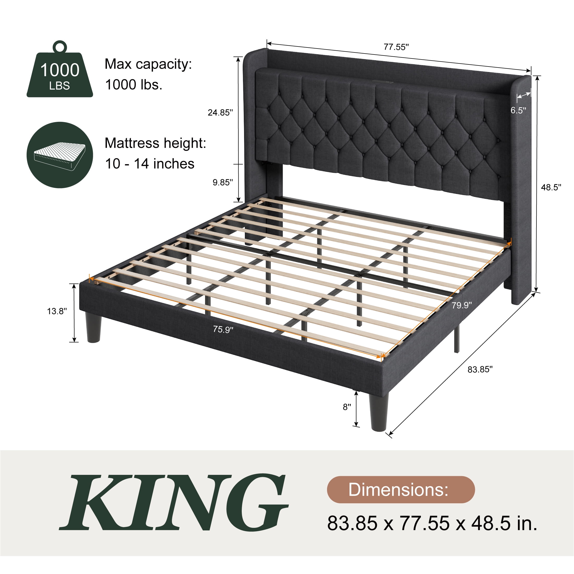 Einfach King Bed Frame, Upholstered Platform Bed with Storage Wingback Headboard and Fast Charging Hub, No Box Spring Required, Deep Gray