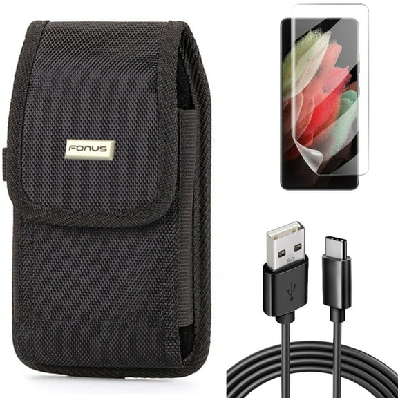 Case Belt Clip & 6ft USB Cable & Matte Screen Protector for Samsung Galaxy S21 Ultra Phone - Rugged Holster & Type-C Charger Cord & TPU Film Anti-Glare Accessory Bundle