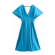 thumbnail image 4 of HH TRAF Vestido de verano elegante con escote en V y cintura con pliegues y decoración para mujer, manga corta, cremallera, gran vuelo, liso, ropa de calle para mujer, 4 of 5
