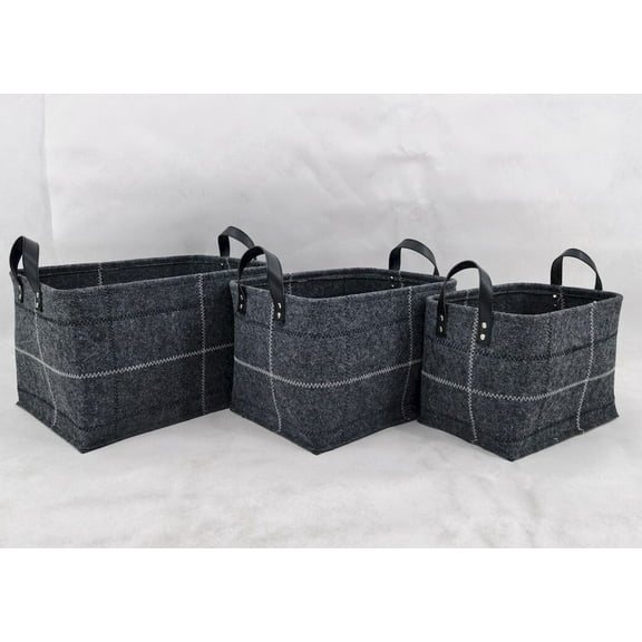 Set Of 3 Gray Fabric With Black And White Stitching And Faux Leather Handles Baskets