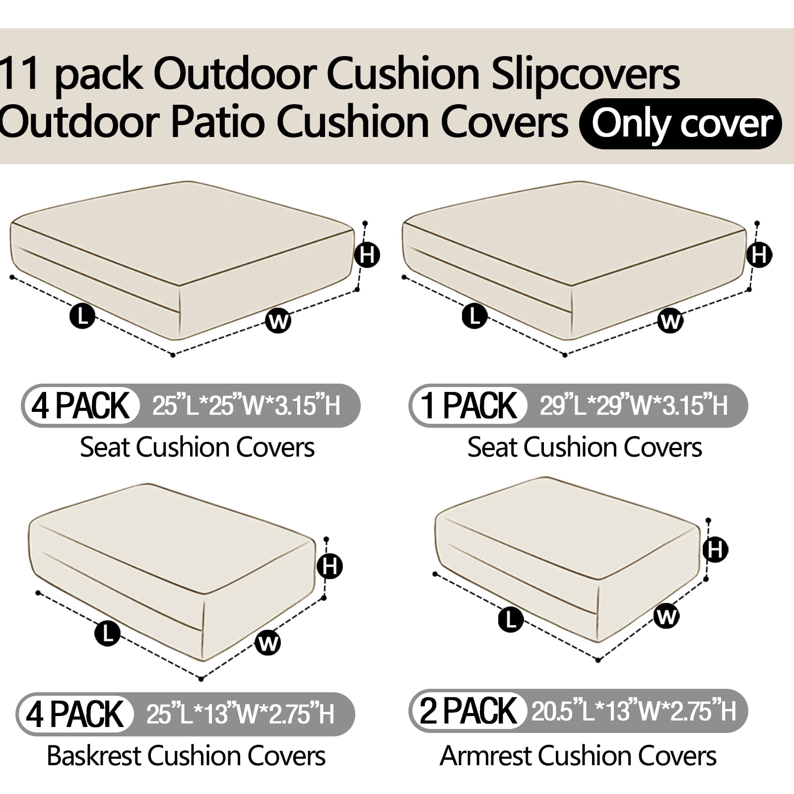 FKS LIFE Outdoor Cushions Covers Patio Sofa Washable Cushions Cover Furniture Cushion Slipcovers Sets (11 Pack)