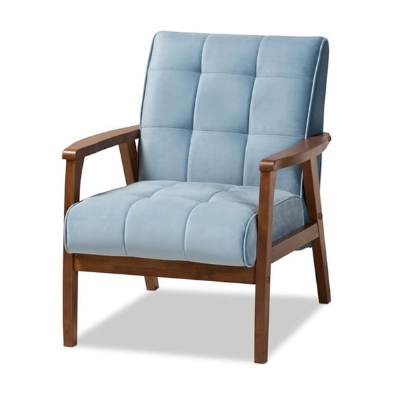 Bowery Hill Light Blue Velvet Upholstered Walnut Wood Armchair