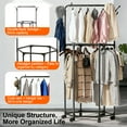 thumbnail image 2 of Riousery Rolling Garment Rack with Wheels, Double-Layer Rotating Clothes & Coat Organizer with Hat Hooks, Multi-Functional Clothing Storage for Bedroom or Closet, 2 of 7