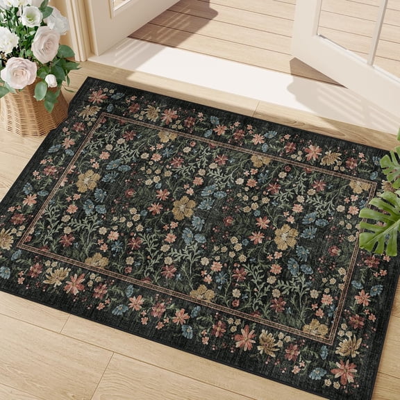 Sxpopstore Dukino 2x3 Entryway Rug with Washable Vintage Floral Area Rug Black