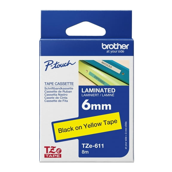 Brother TZe-611 Labelling Tape Cassette, 6 mm (W) x 8 m (L), Laminated, Brother Genuine Supplies - Black on Yellow