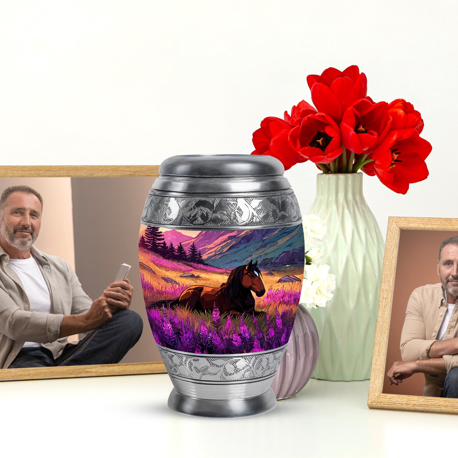 JAGASY Horse Small Urn for Ashes Adult Male, Dark Blue Keepsake Urns for Human Ashes, Purple Flowers Decorative Urns for Mother, Mountain Mini Cremation Urn for Father, (3 Inch)