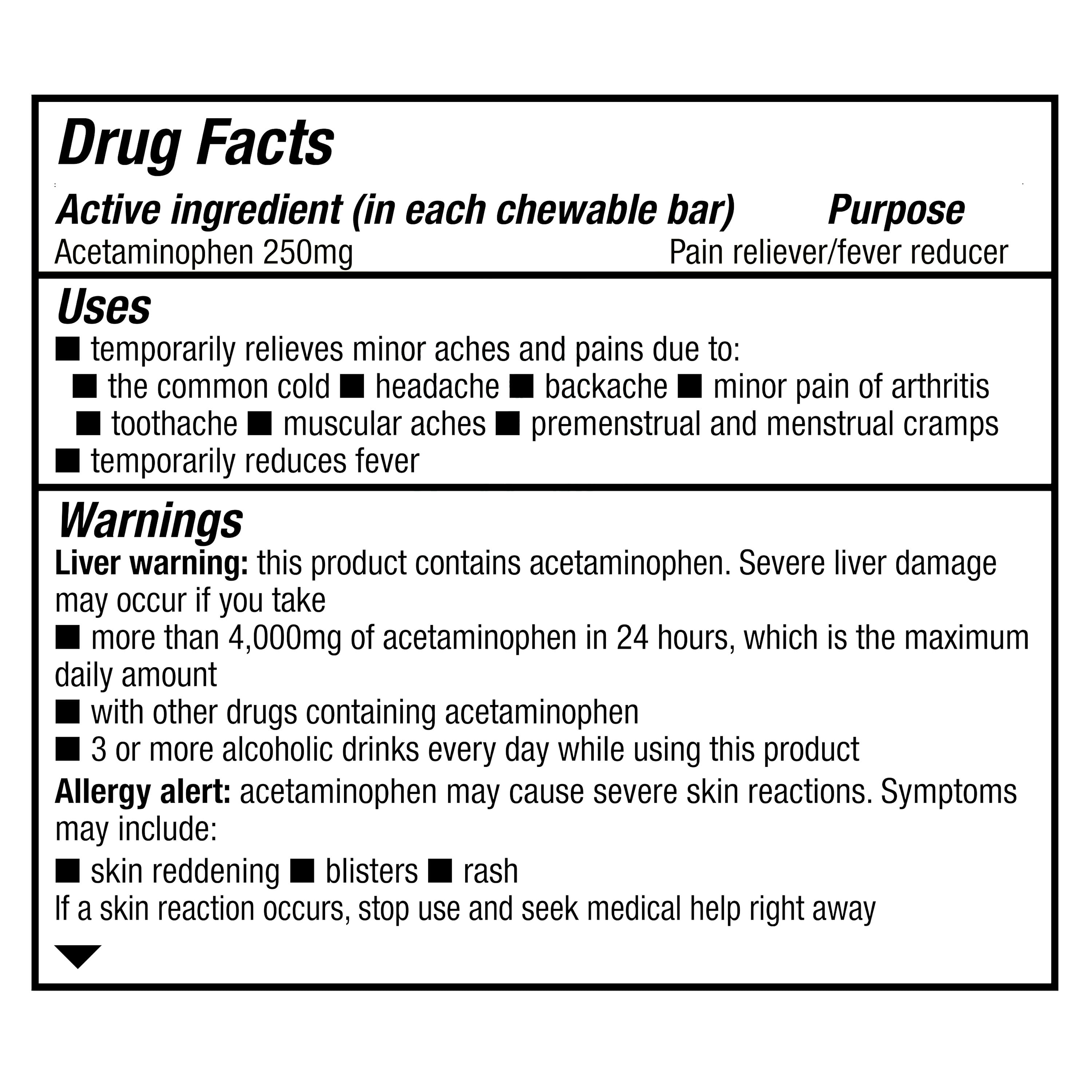 Equate Pain Reliever Acetaminophen Soft Chew Bars, 250 mg, Cool Blueberry Flavor, 40 Count, Compare to Tylenol® Active Ingredient