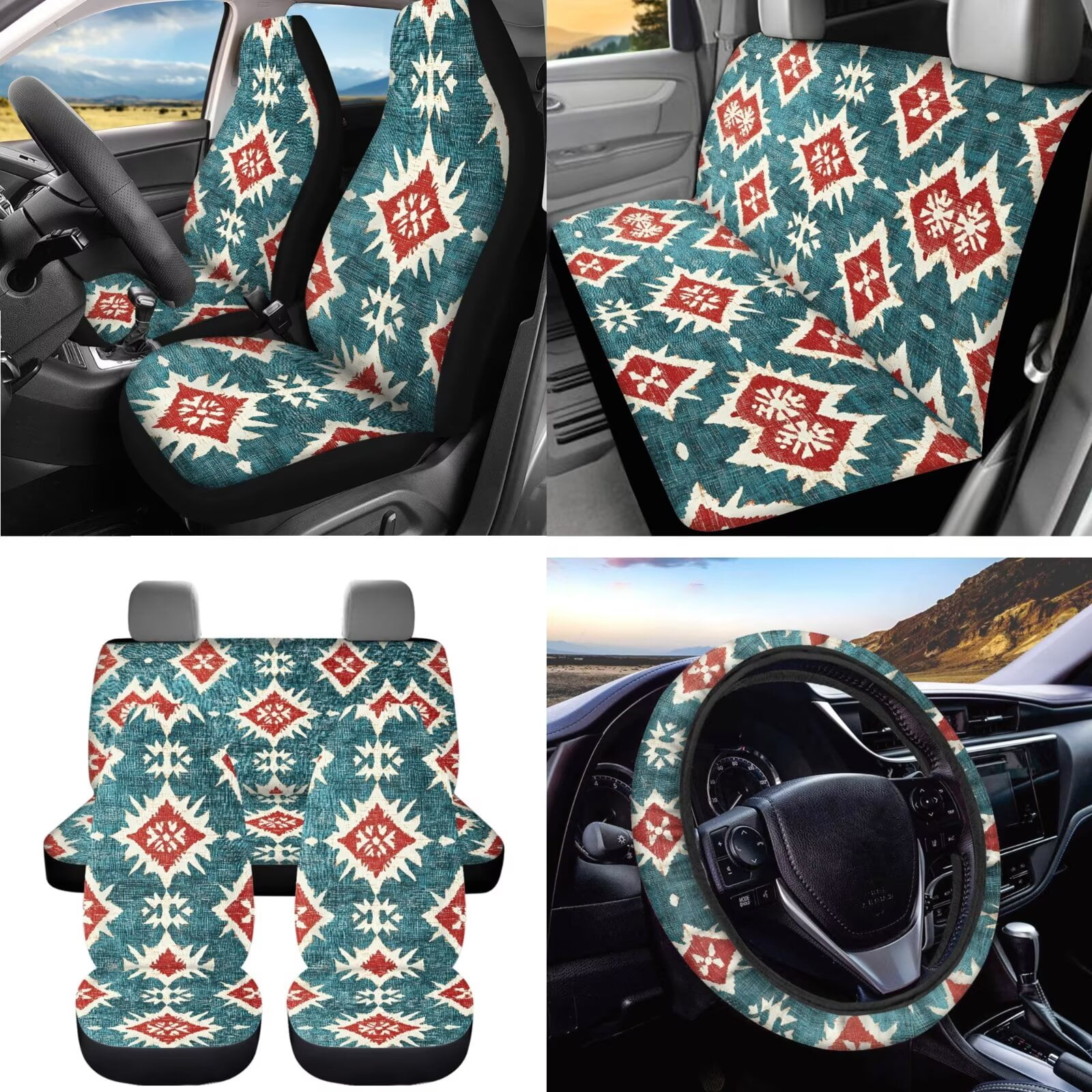 Uorisanigo Auto Seat Protector Cover Aztec Print Include Steering Wheel Covers Seat Belt Strap Pads Auto Trash Can Air Outlet Bag Rearview Cover Car Coasters Set Keychain, Pack of 15, Universal Fit