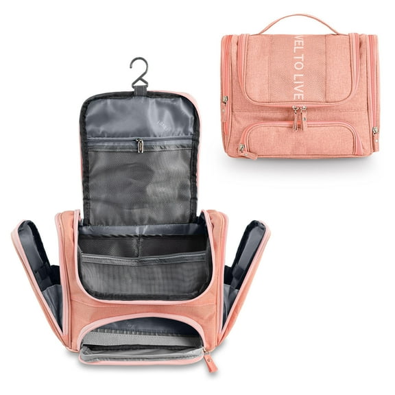 Hanging Travel Toiletry Bag for Women Men, Waterproof Cosmetic Makeup Organizer Bag Storage with Hook, Skincare Hygiene Bathroom Bag for Traveling Full Size Bottles (Pink)