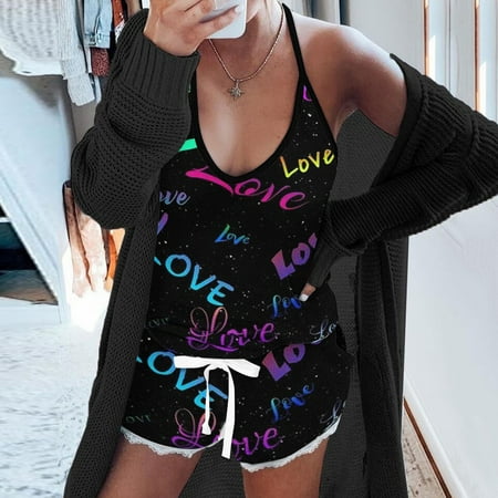 

NEGJ Women Heart Camouflage Strawberry Printing Pajamas Sleeveless Cami Shorts Lingerie Sleepwear Set S/M/L/XL/XXL