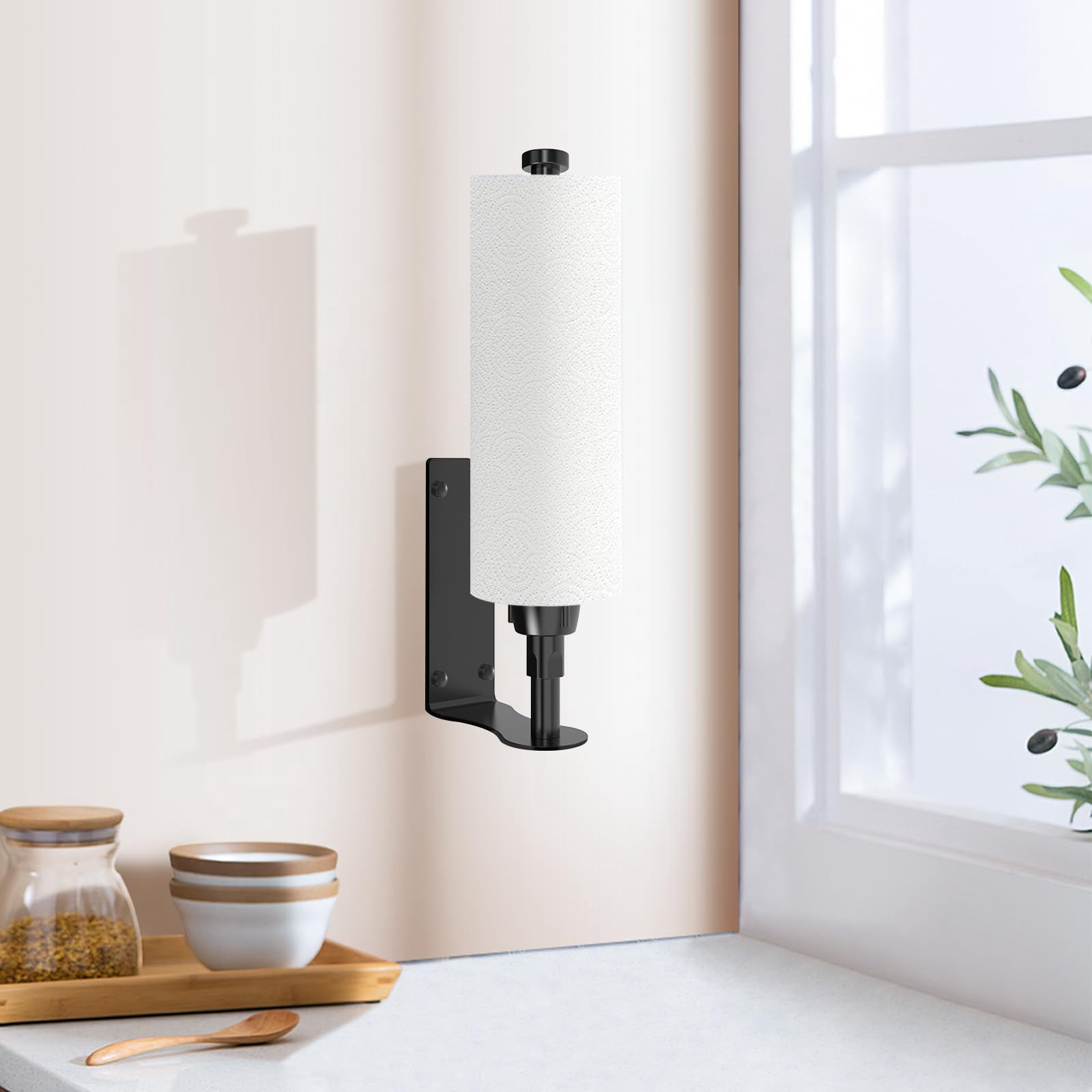 Single-Hand Paper Towel Holder Under Cabinet with Adjustable Damper, Easy Tear, Wall Mount or Self-Adhesive, Black