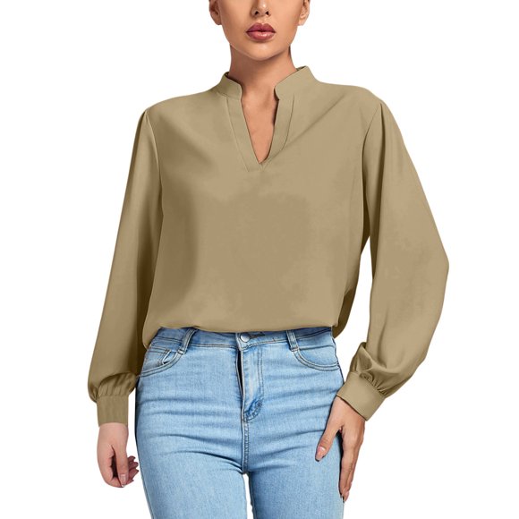 AherBiu Business Casual Tops for Women Notch V Neck Long Sleeve Shirts Elegant Ladies Work Blouse
