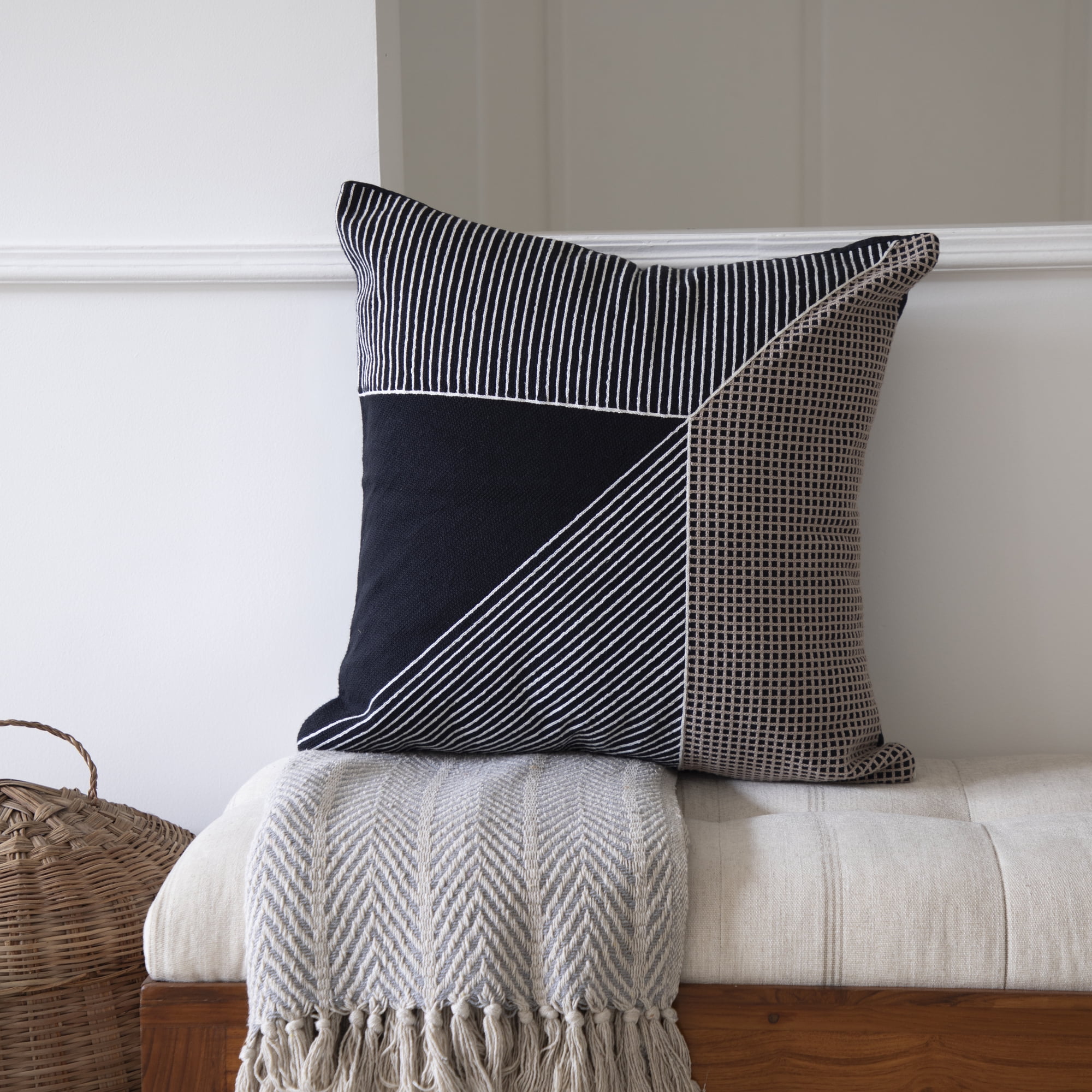 Ox Bay and Stacy Garcia 24" x 24" Black/White Embroidered Geometric Cotton Adult Decorative Throw Pillow Cover