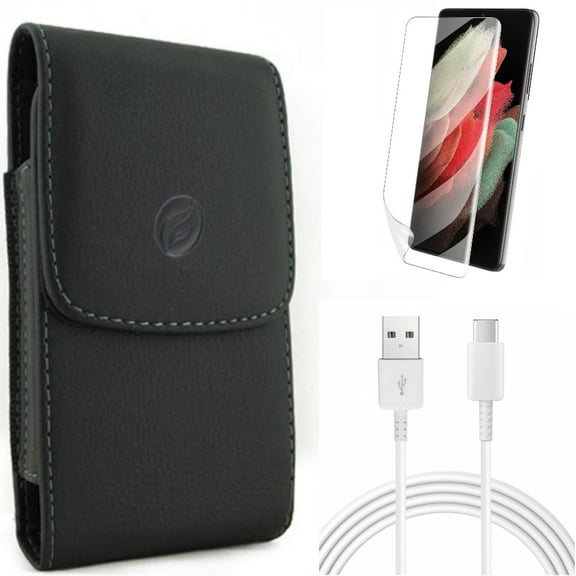 Case Belt Clip w 10ft USB-C Cable w Matte Screen Protector for Samsung Galaxy S21 Plus - Leather Holster, Type-C Charger Cord, TPU Film Anti-Glare Accessory Bundle