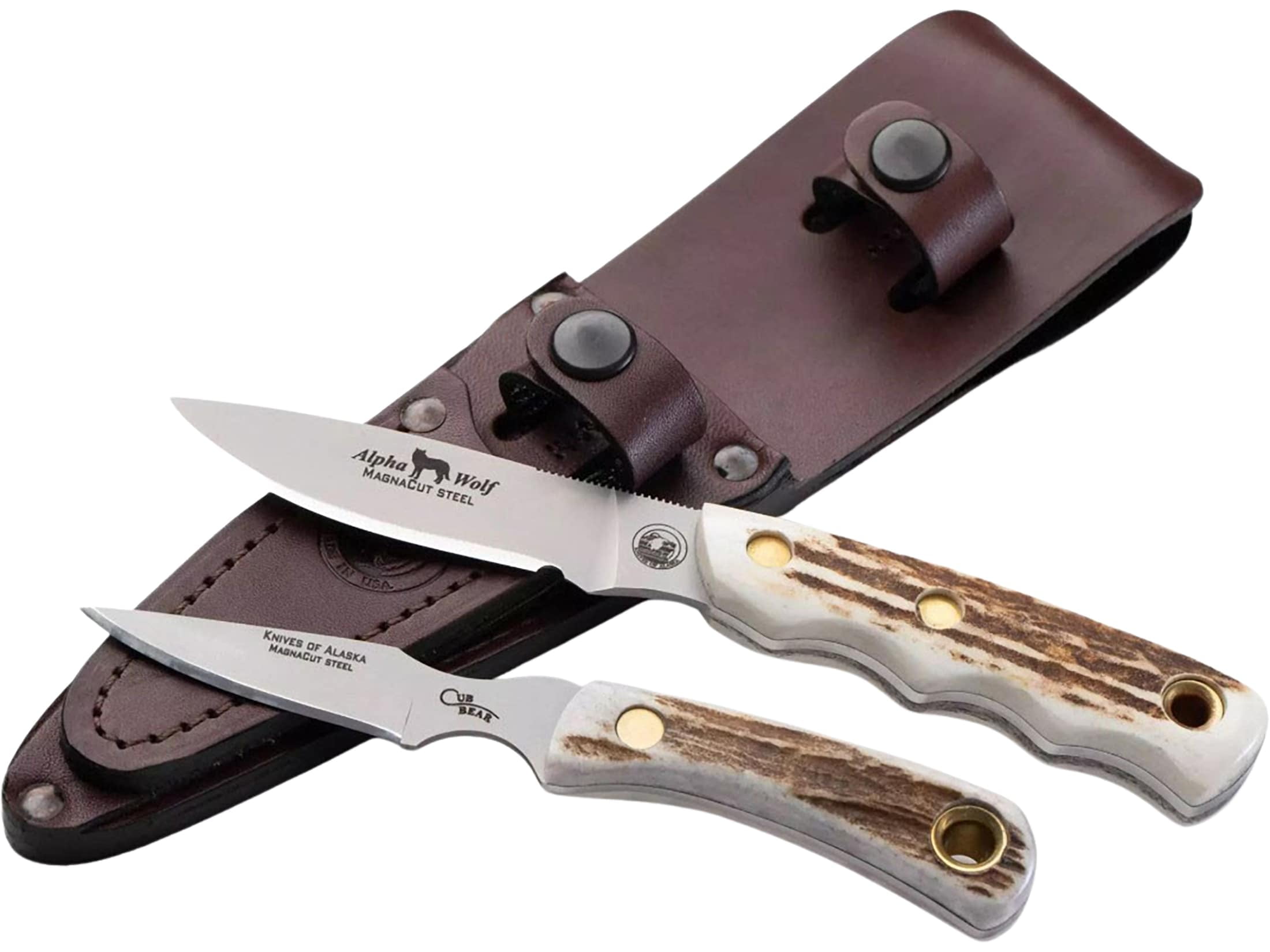 Knives of Alaska Alpha Wolf/Cub Bear Combo Fixed Blade Knives Magnacut Steel Stag Handle