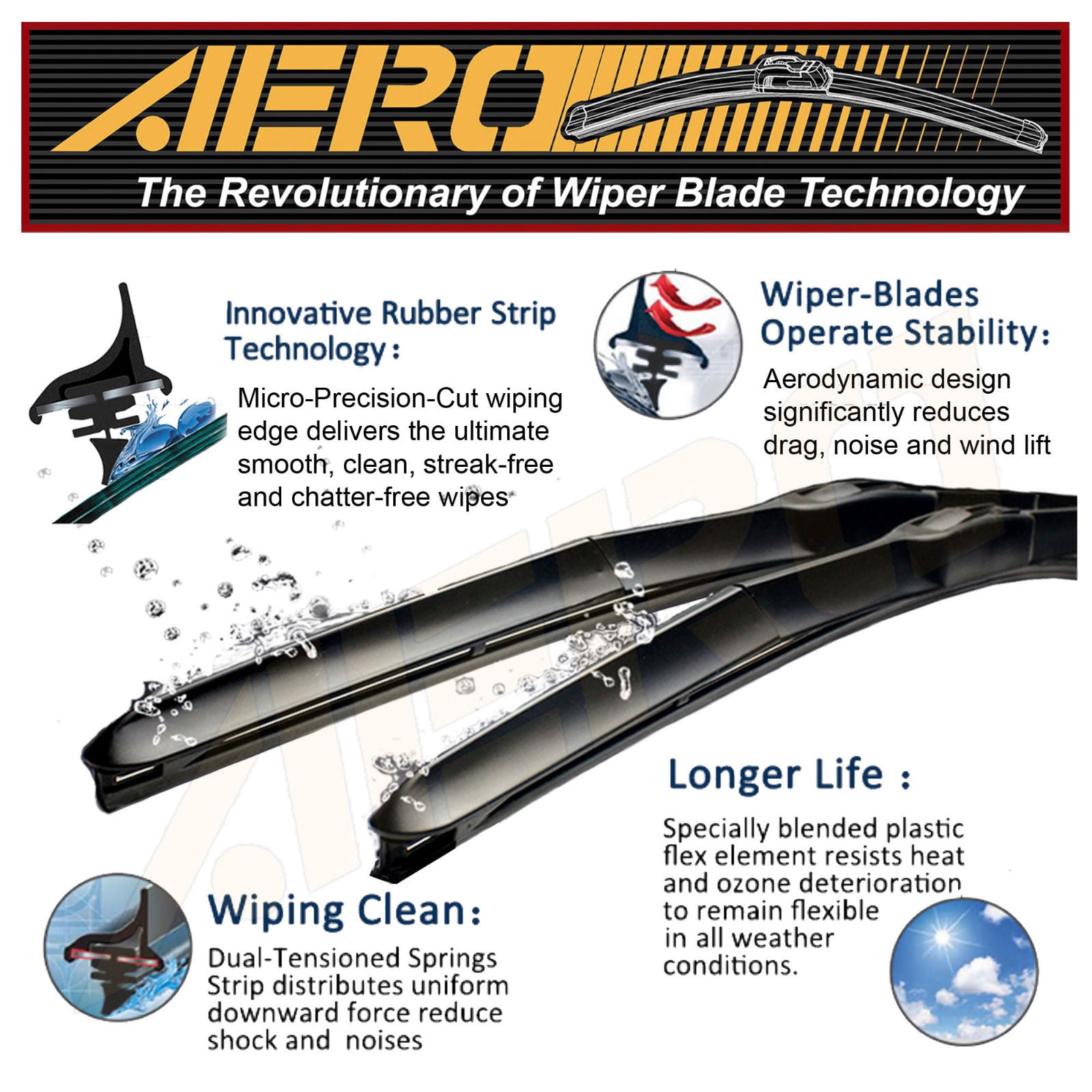 Front & Rear kit of Aero Flat Windscreen Wiper Blades ADB61-624|HQB13 