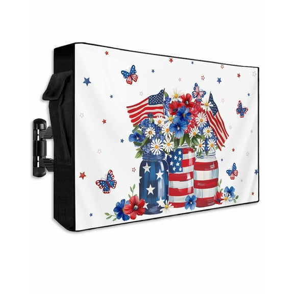 4th of July Outdoor TV Cover 48 to 50 Inch Weatherproof, Independence Day Blue Red US Flag Spring Floral 600D Oxford TV Covers with Waterproof Zipper, Outside Flat TV Screen Protector 48"Wx30"Hx4.5"D