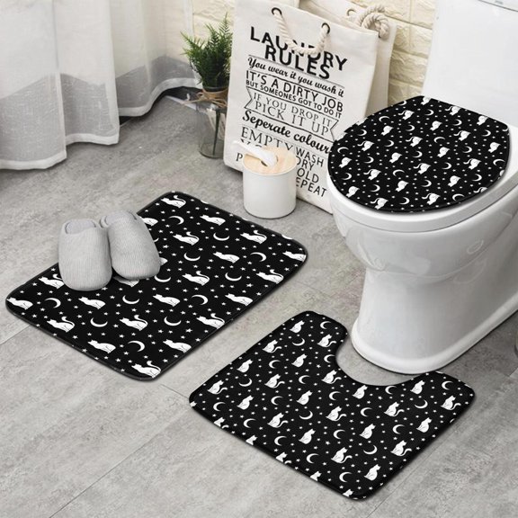 Black White Cat Moon Star Pattern Bathroom Rugs Sets 3 Piece,Toilet Cover Set,Absorbent Non Slip Bathroom Mats Sets with U-Shaped Contour Rug Toilet Rug Set