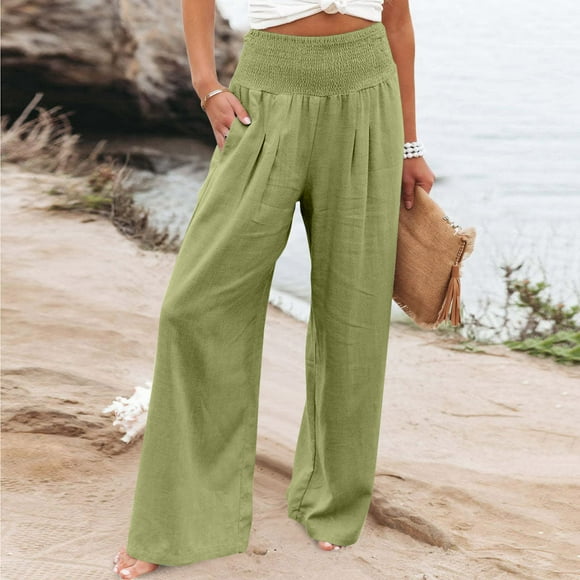 zanvin Linen Pants for Women Summer Wide Leg High Waisted Pant Casual Baggy Cargo Lounge Trousers with Pockets Clearance
