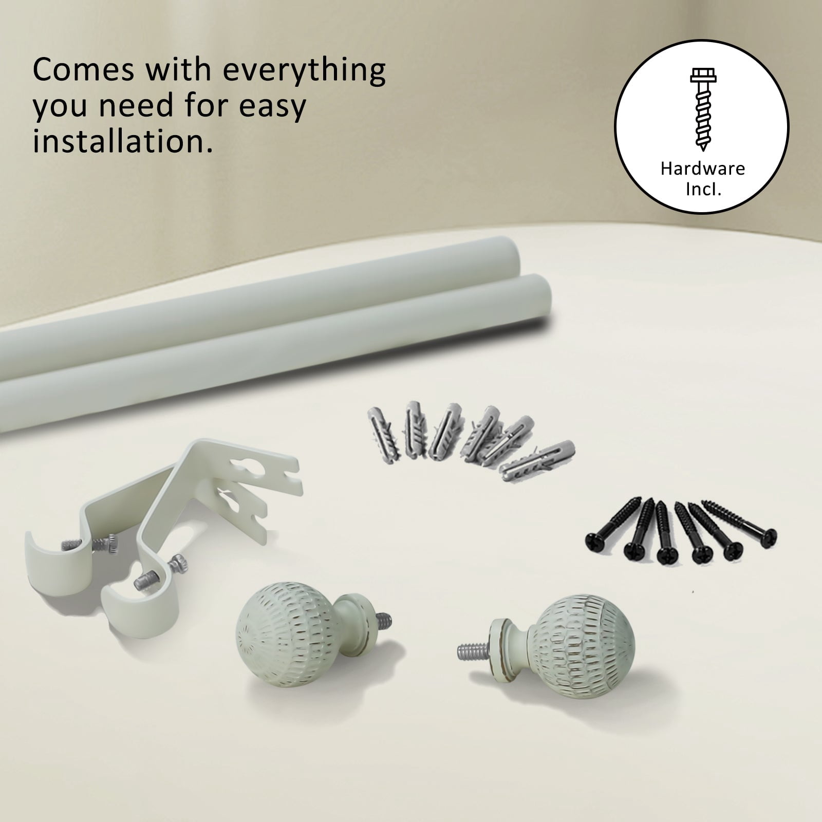 Ridicili 5/8" Single Telescoping Curtain Rod with Reticulated Ball Finials,Weathered White, 84"-120"