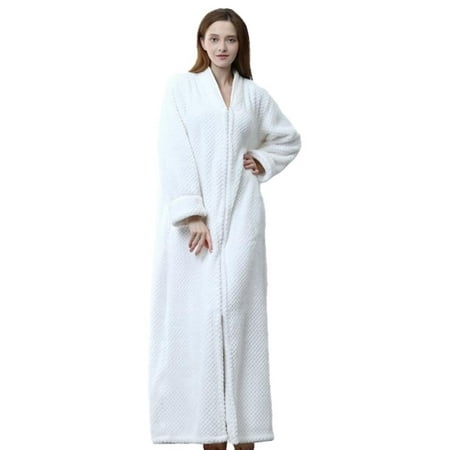 

SUPERHOMUSE Long Hooded Zipper Bathrobe for Womens Flannel Fleece Robes Winter Warm Housecoat Nightgown Sleepwear Pajamas