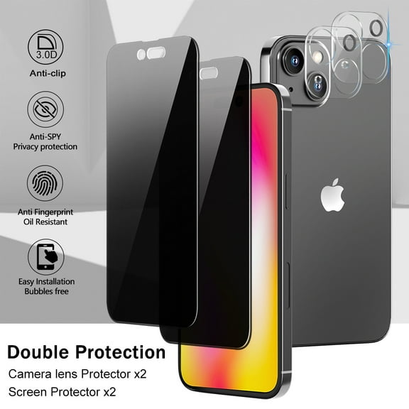 Xhy 2 Pack iPhone 14 Privacy Screen Protector 6.1 Inch with 2 Pack Camera Lens Protector, Anti Spy Privacy Tempered Glass 9H Hardness Scratch Resistant Bubble Free Rugged Durable Easy Installation