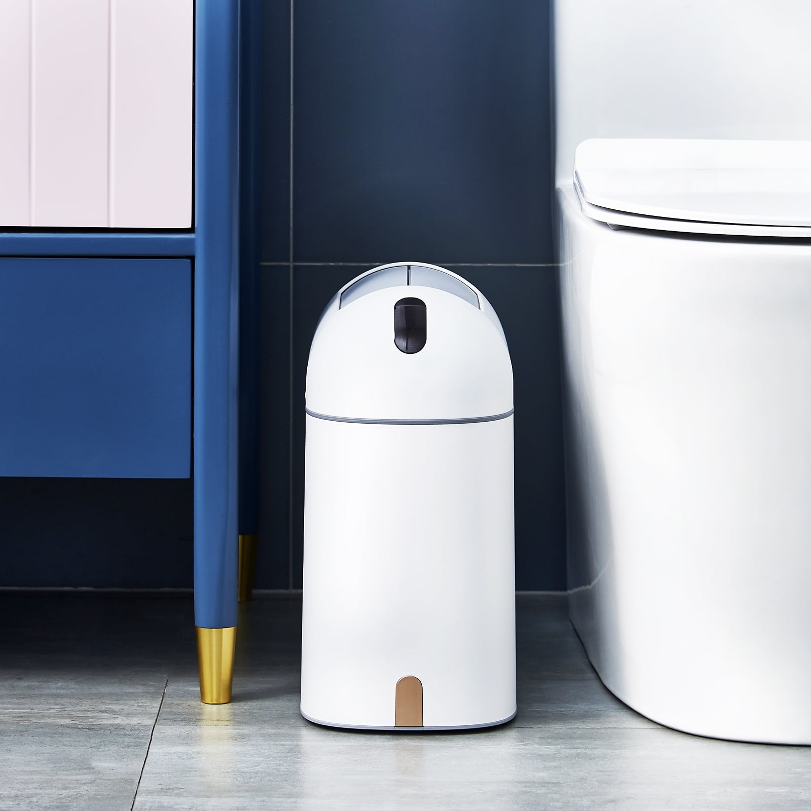 Elpheco Motion Sensor Bathroom Trash Can, 2.5 Gallon Waterproof Trash Bin with Butterfly lid, Bathroom Waste Basket Garbage Bin for Bedroom Kitchen and Office use, White with Golden Button