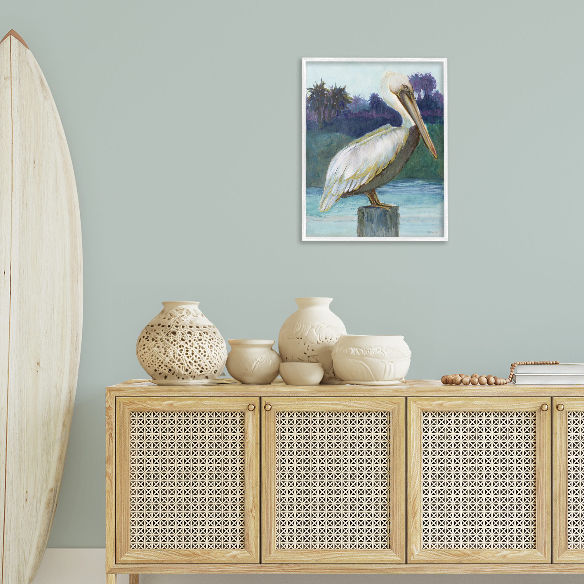 Stupell Industries Tropical Pelican Perched Animals & Insects Painting White Framed Art Print Wall Art, 24 x 30