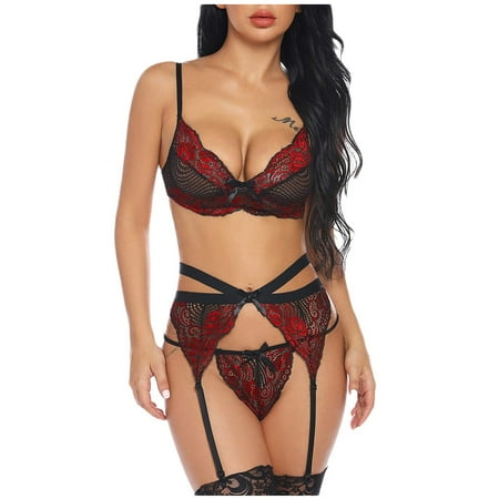

DNDKILG Womens Nightwear Bra and Panty Set with Garter Lingerie Set Sexy Bralette Set 3XL