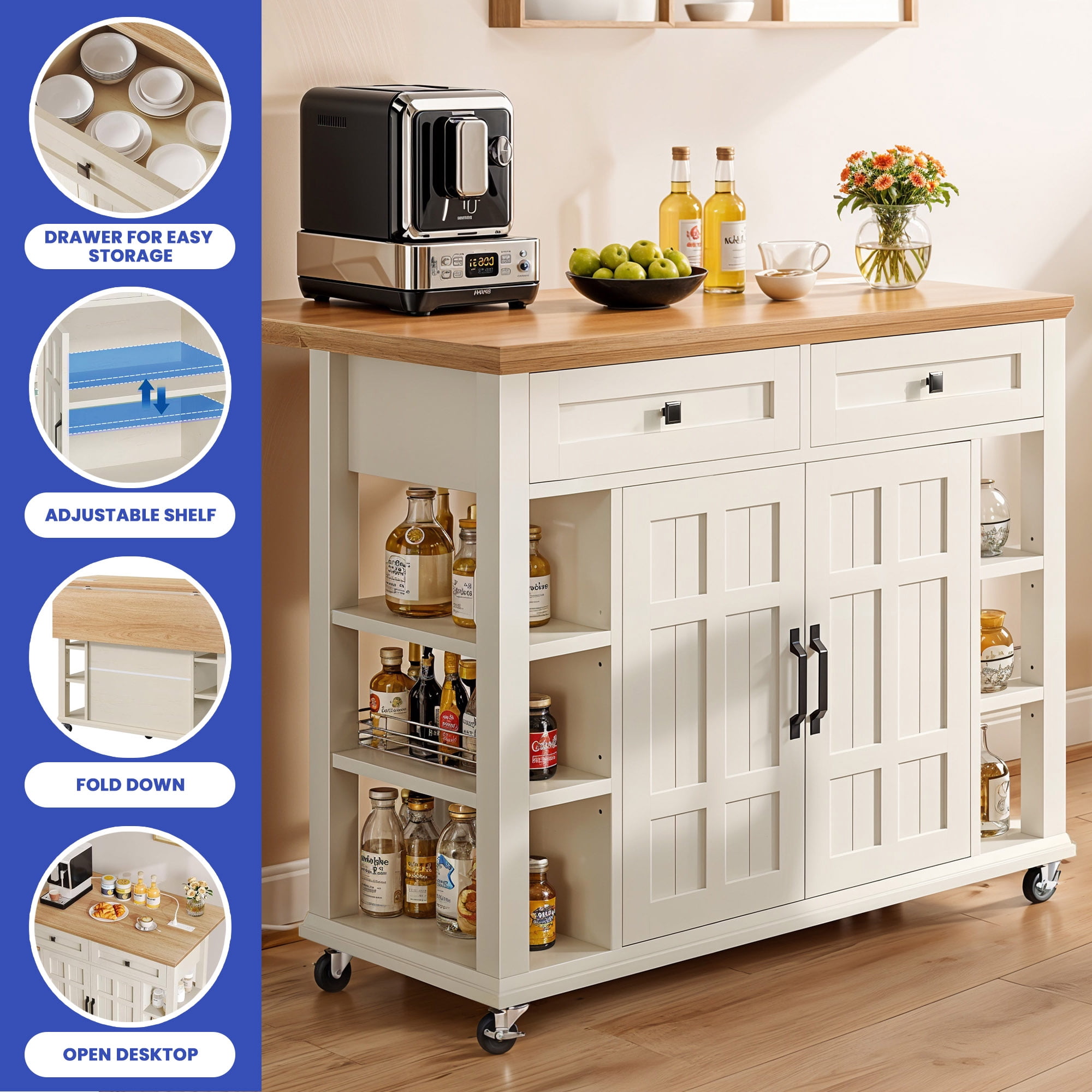 ModFusion 45" Kitchen Island Cart Drop Leaf Power Outlet Rolling Storage Cabinet Drawers Side Shelves