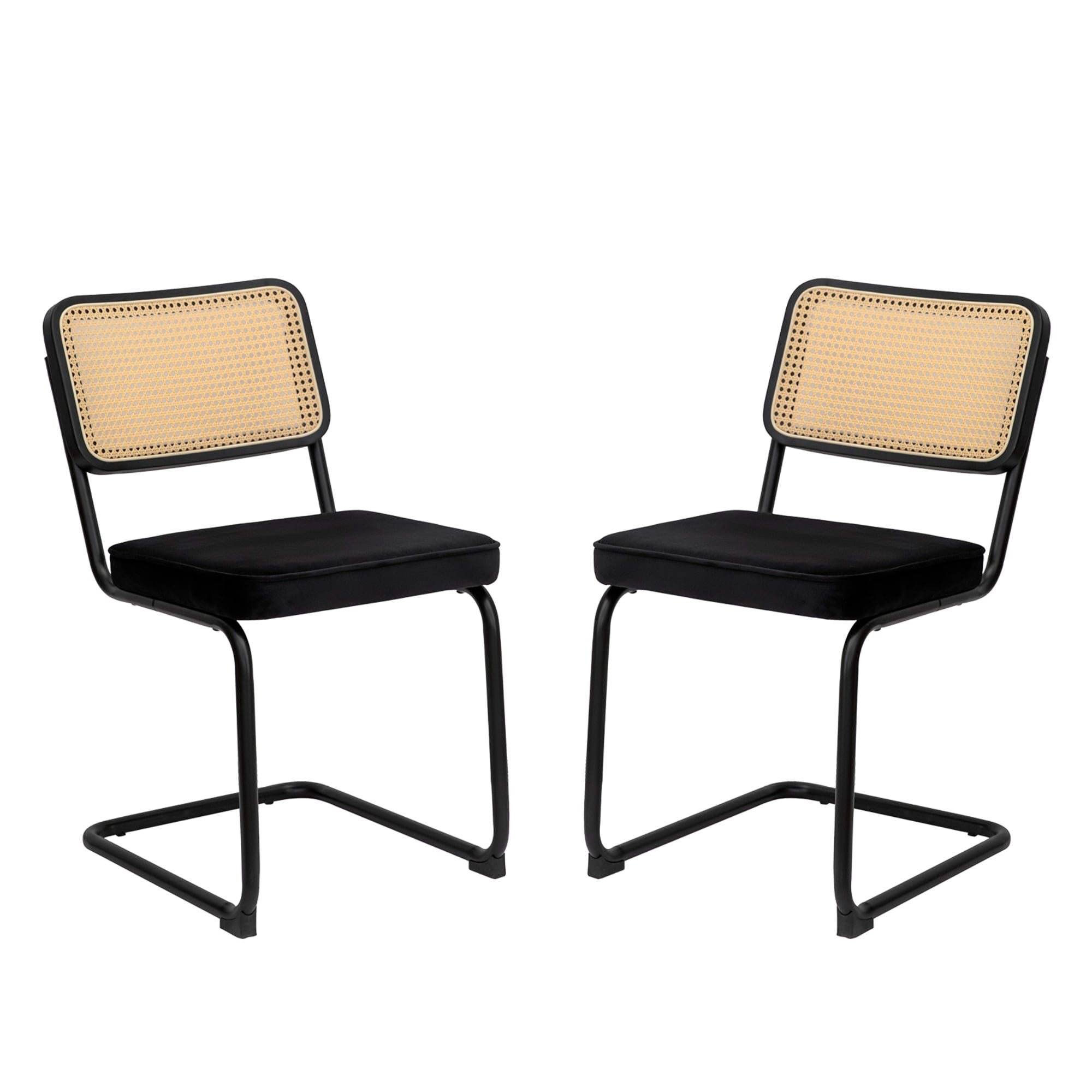 JXXRZ Rattan Dining Chairs Set of 2, Mid Century Modern Kitchen Side Chairs for Dining Living Room, Velvet Upholstered Dining Chairs, Black