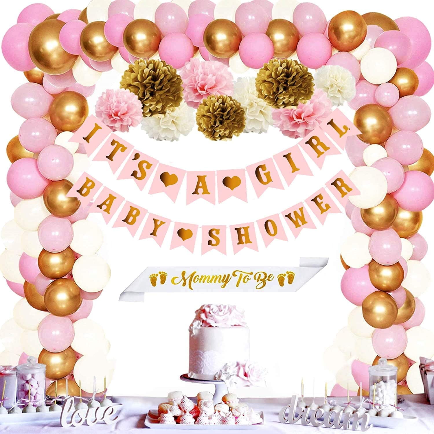 pink and rose gold baby shower decorations