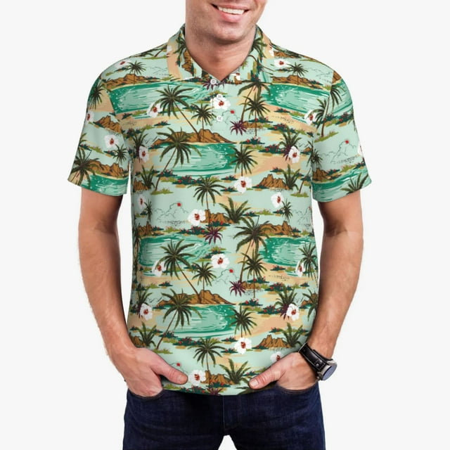 Lsque Chemises de Golf Colorées Motif Palmiers Hawaïens pour Hommes Séchage Rapide Imprimé Évacuation de l'Humidité Performance Polo à Manches Courtes-TTG