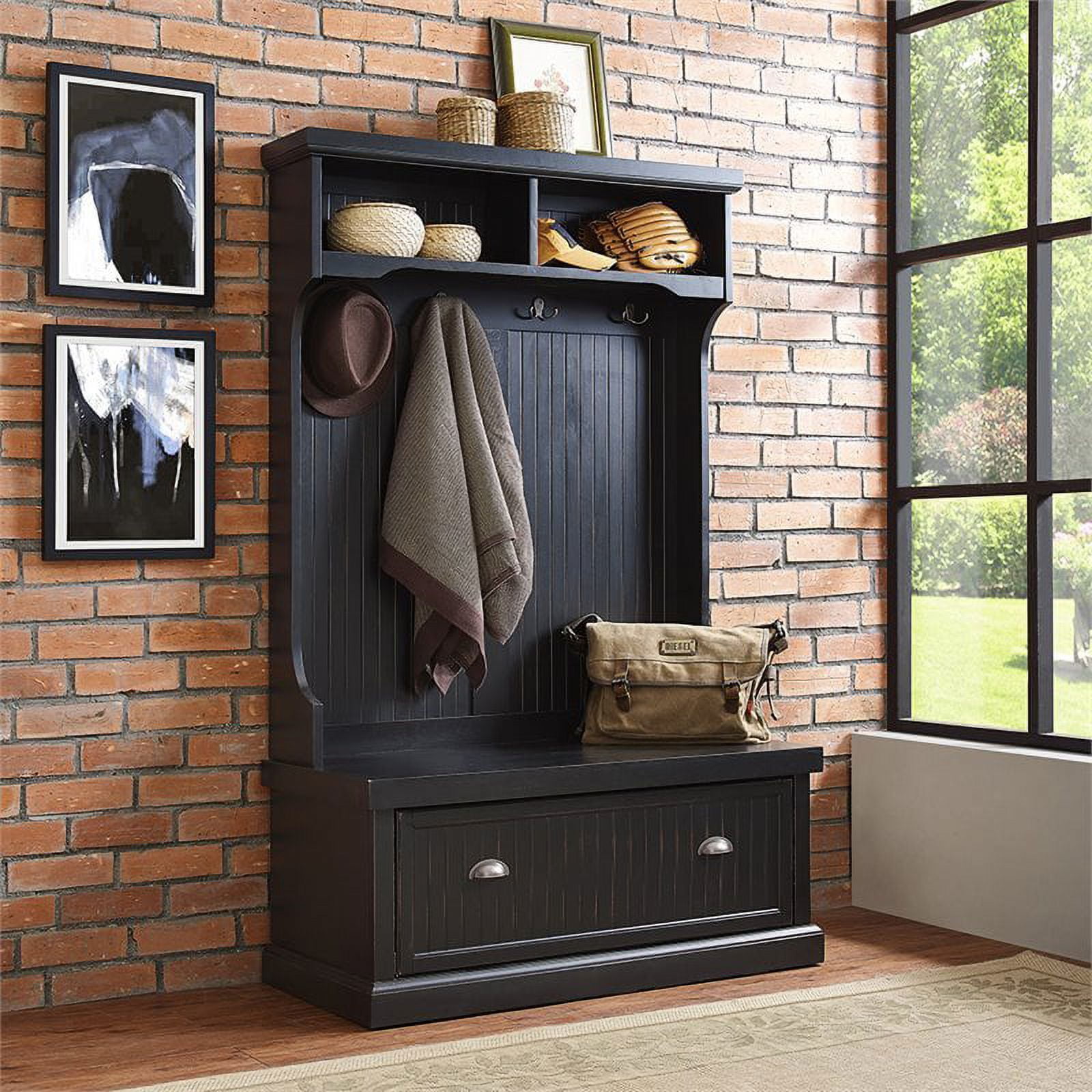 Pemberly Row Tall Entryway Hall Tree with Storage Bench in