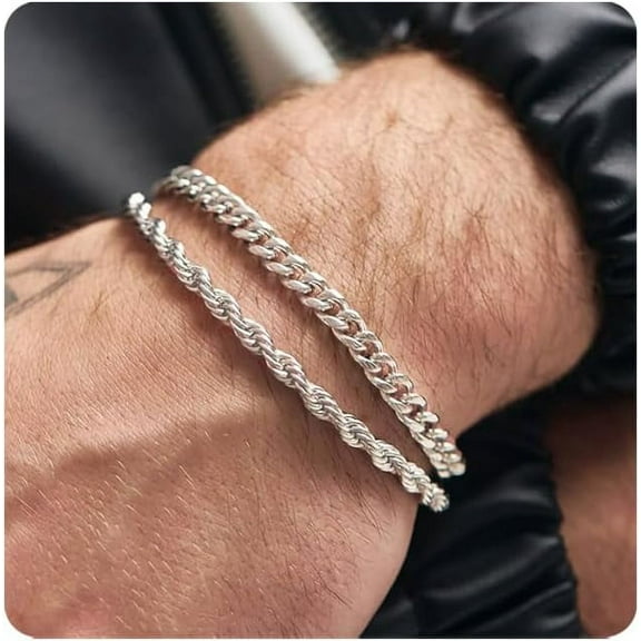 2 Pcs Chain Bracelet for Men,925 Sterling Silver 7-9inch Figaro Rope Cuban Link Bracelet Set,Gifts for Dad, Husband, Boyfriend