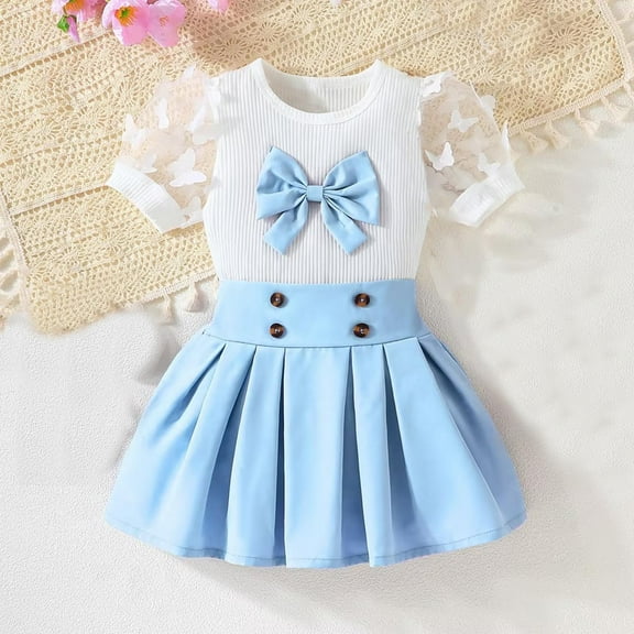 MKOSPLRT Outfits for Girl 2 Piece Sets Mesh Puff Short Sleeve Tops High Waist Button Pleated Skirts Color Block Flowy Sets for 2-8Y