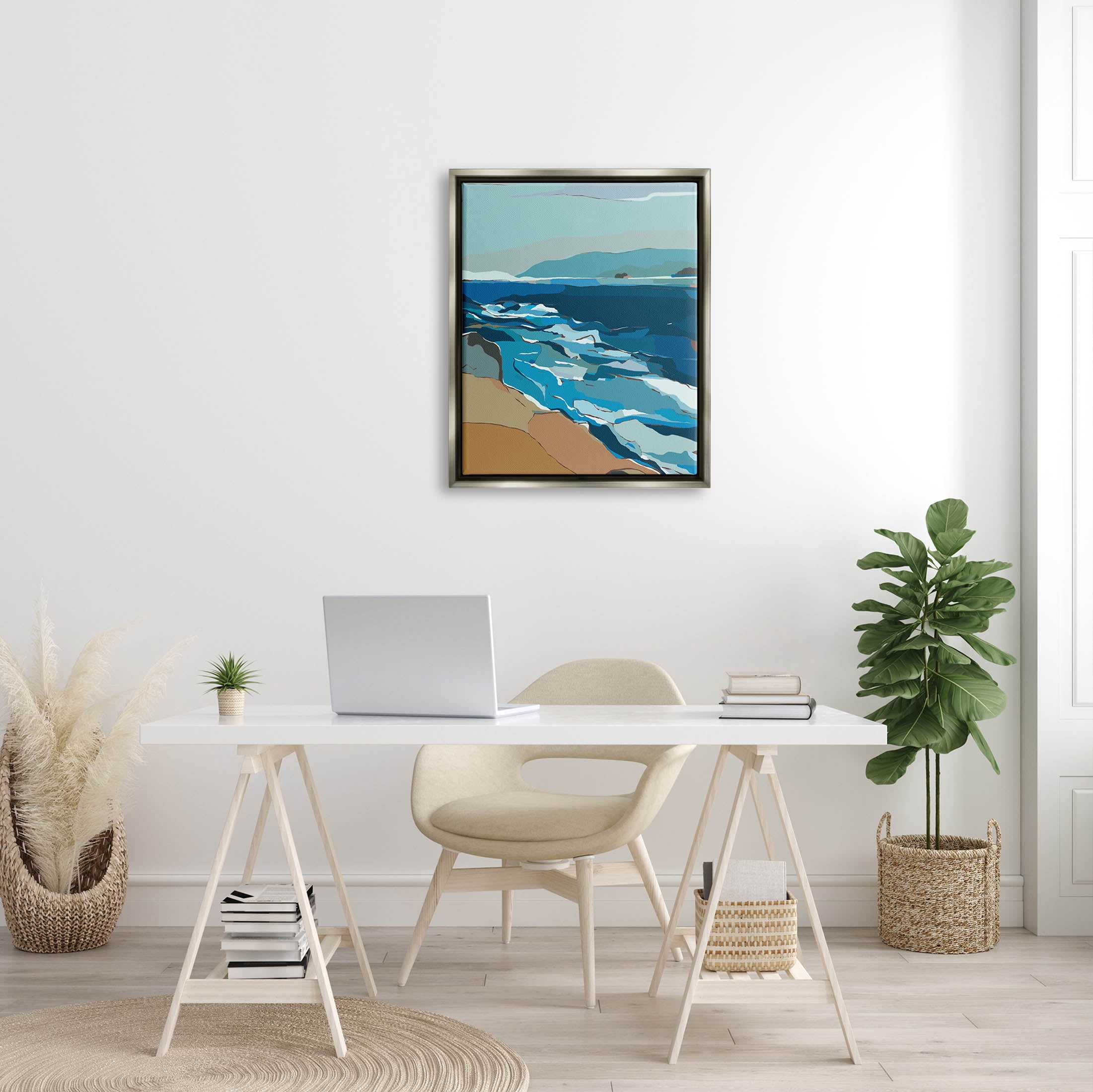 Stupell Industries Contemporary Beach Shore Waves Graphic Art Luster Gray Floating Framed Canvas Print Wall Art, Design by Nikita Jariwala
