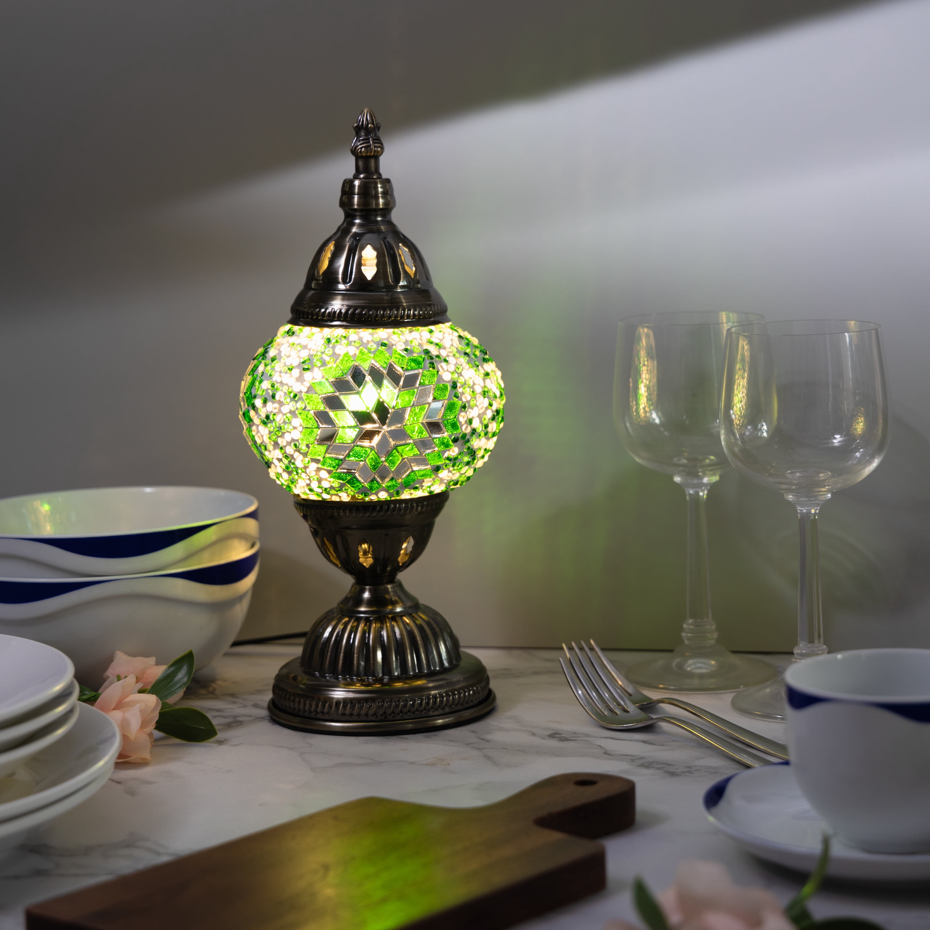 KRAFTSTORIES Turkish Mosaic Lamp Kit DIY Glass Decorative Table Bedside Night Light Tabletop for Living Room Bedroom | Make Your Own Lamp | Antique Bronze Base (Green)