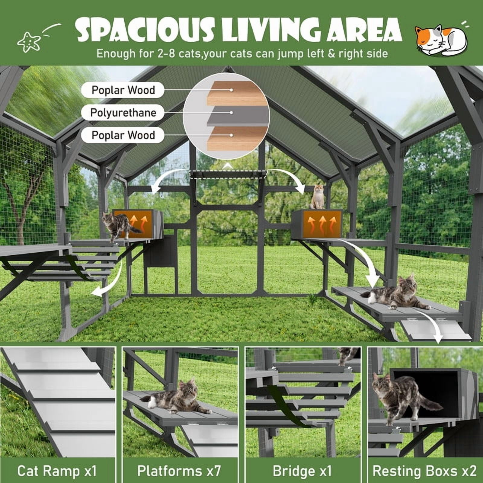 Mirightone Large Catio Outdoor Cat Enclosure with Bridge and Ramp, Wooden Cat House with&nbsp;7 Platforms, 2 Resting Boxes, Cat Outdoor Enclosure with Sunshine Board Roof, Grey