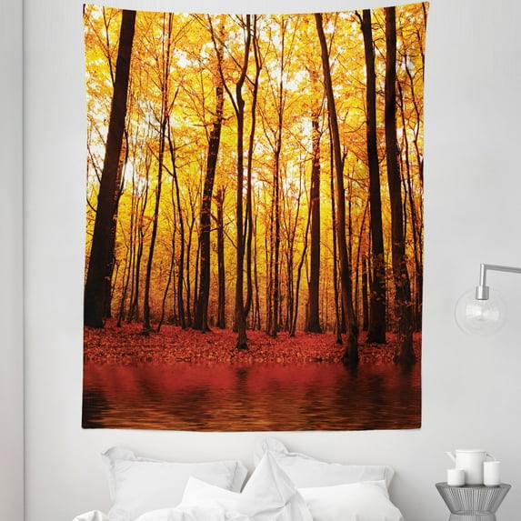 Nature Tapestry, Forest Trees in the Fall with Orange Warm Leaves Lake Woodsy Design Farmhouse, Fabric Wall Hanging Decor for Bedroom Living Room Dorm, 5 Sizes, Brown Orange, by Ambesonne
