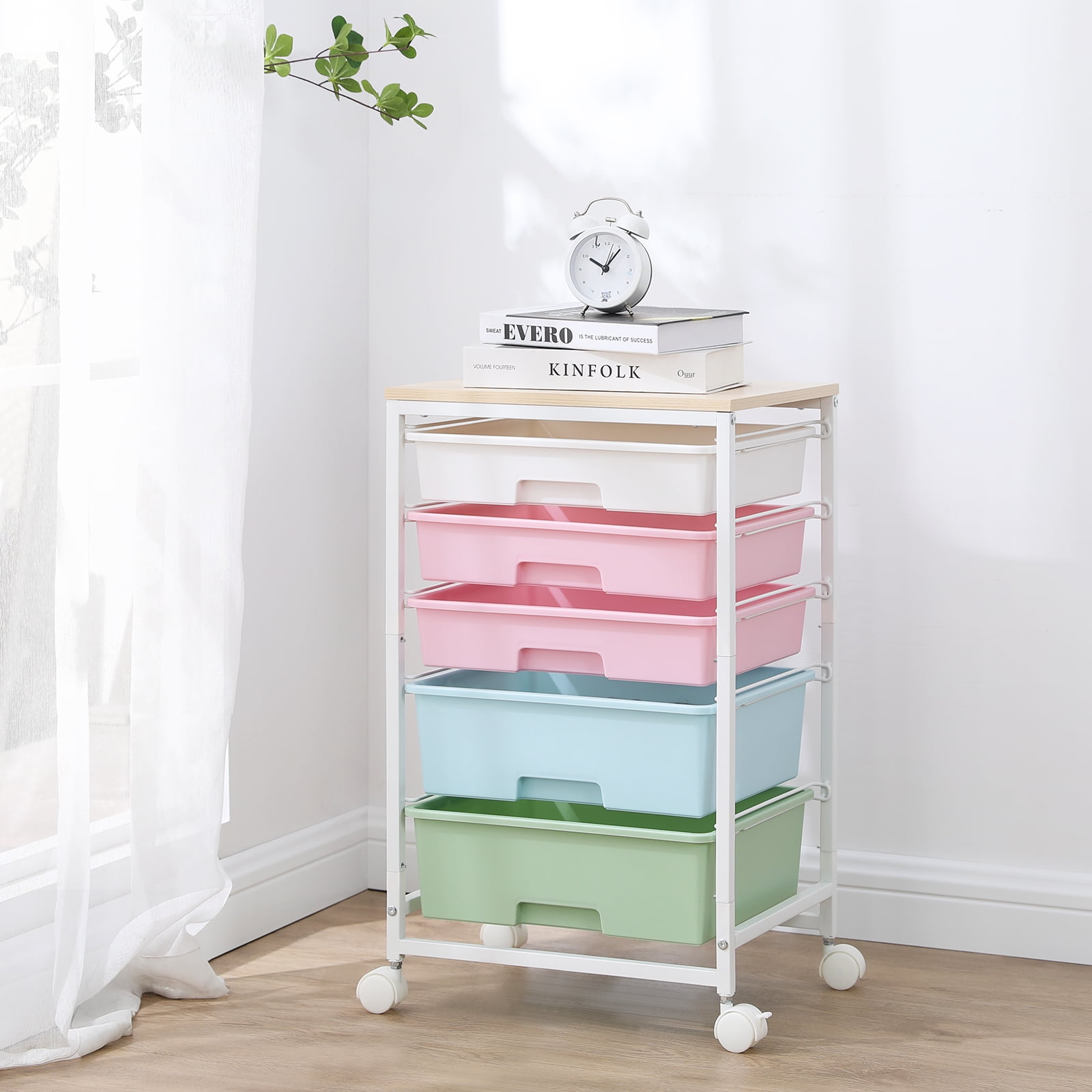 KK KINGRACK Rolling Cart with 5 Drawers, Storage Drawer Cart with Wooden Tabletop, Metal & Plastic, Multi-Color